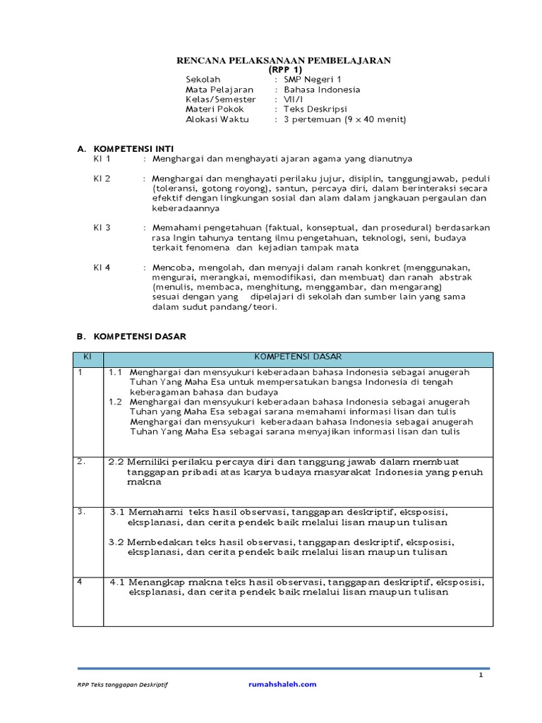 Contoh RPP Teks Deskripsi SMP Kelas 7