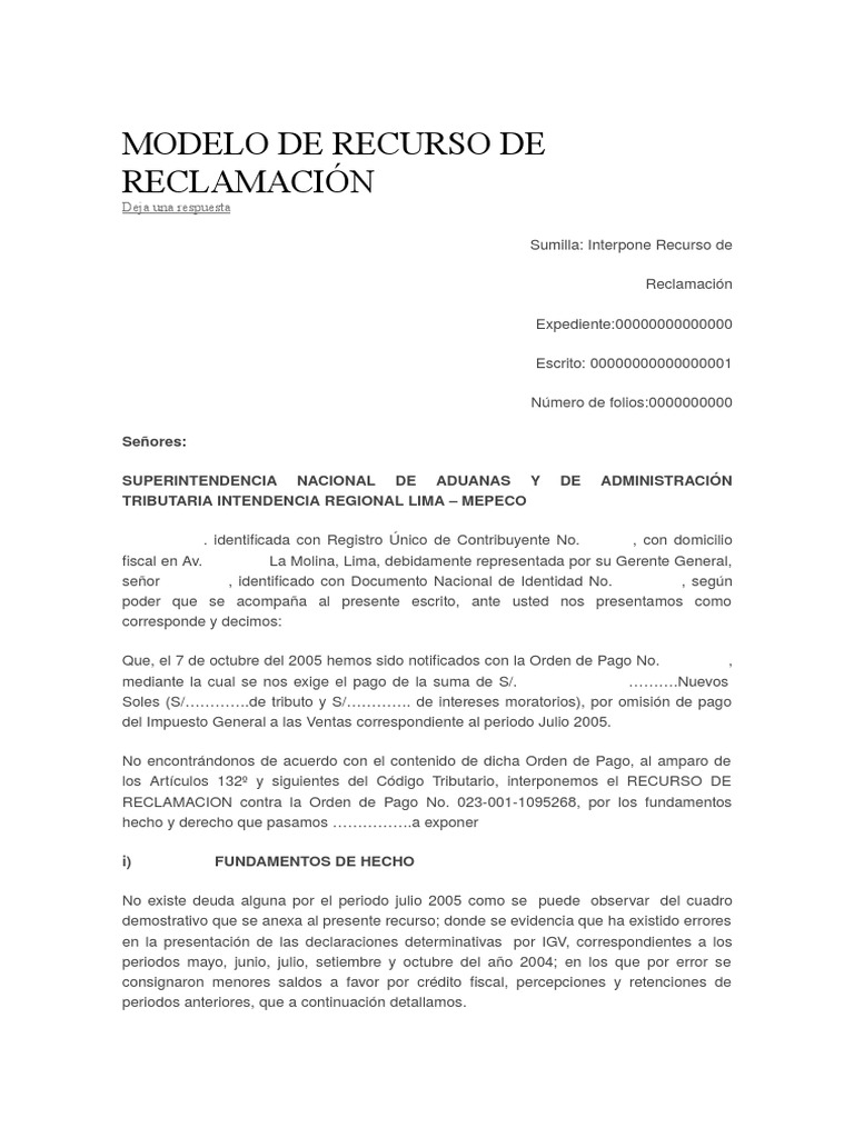 Modelo de Recurso de Reclamación | PDF