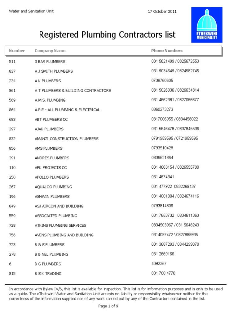 Registered Plumbing Contractors List Phone Numbers Number Company Name Phone Numbers Download