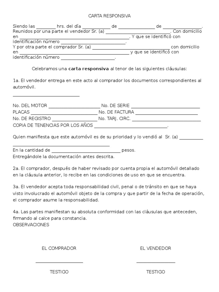 Carta De Responsiva De Automovil