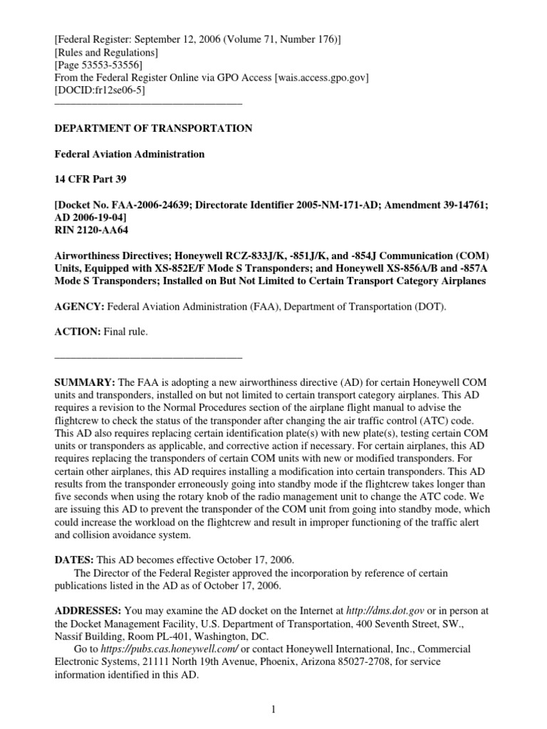 14 cfr part 39 pdf federal aviation administration transponder