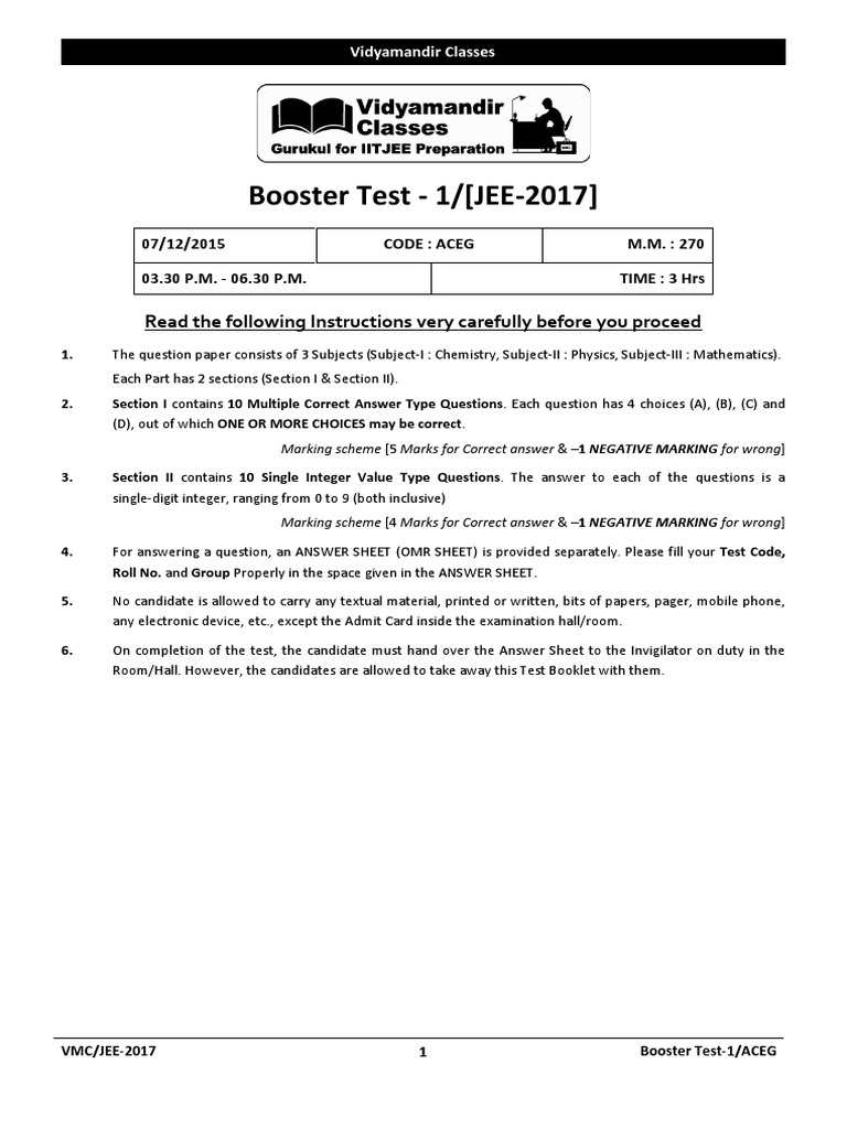 VMC Booster Test 1 Sample Paper | PDF | Sphere | Force