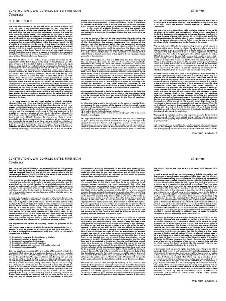 Constitutional Law Exam Notes: Bill of Rights | PDF | Eminent Domain ...