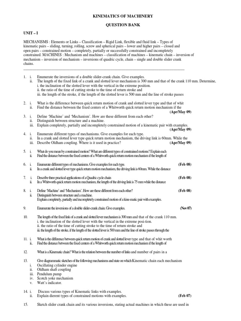 Kinematics of Machines Question Bank 1 | PDF | Gear | Belt (Mechanical)