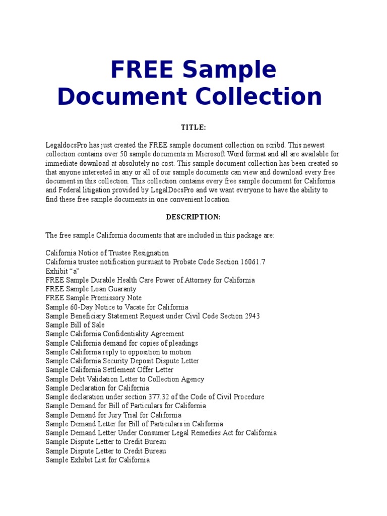 Free Sample Document Collection List | California