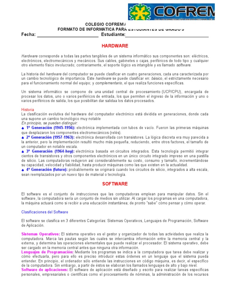 ACTIVIDAD GRADO 5° Periodo 1 | PDF | Hardware de la computadora | Software
