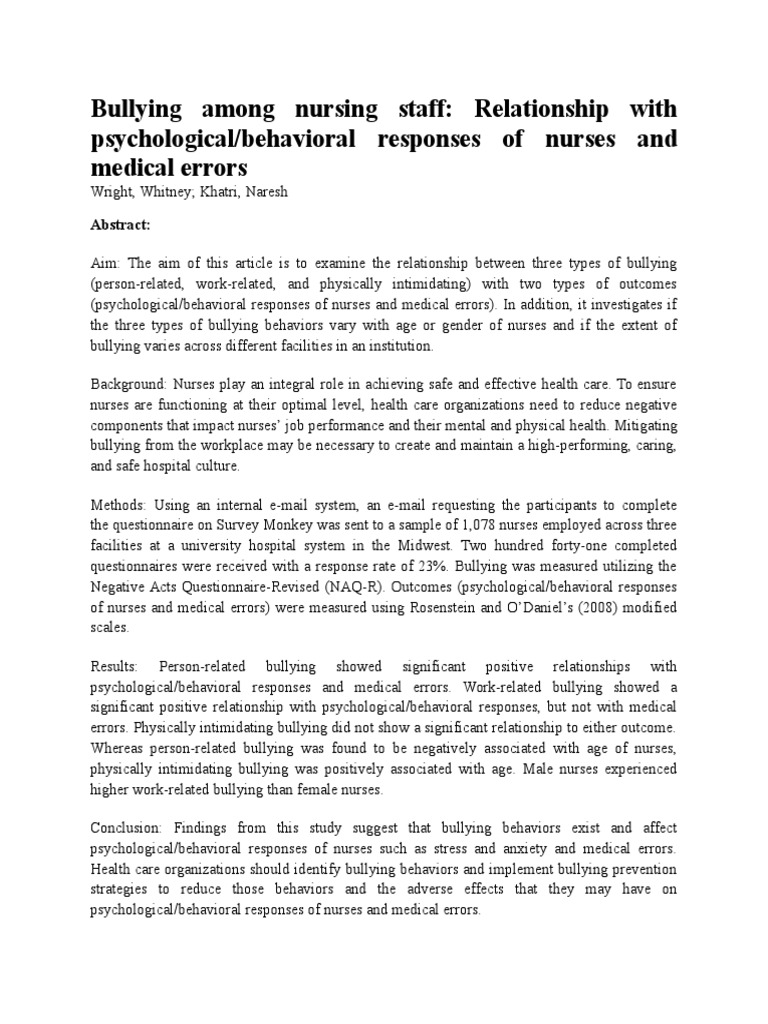 Nursing Staff Bullying and Its Impact | PDF | Workplace Bullying ...