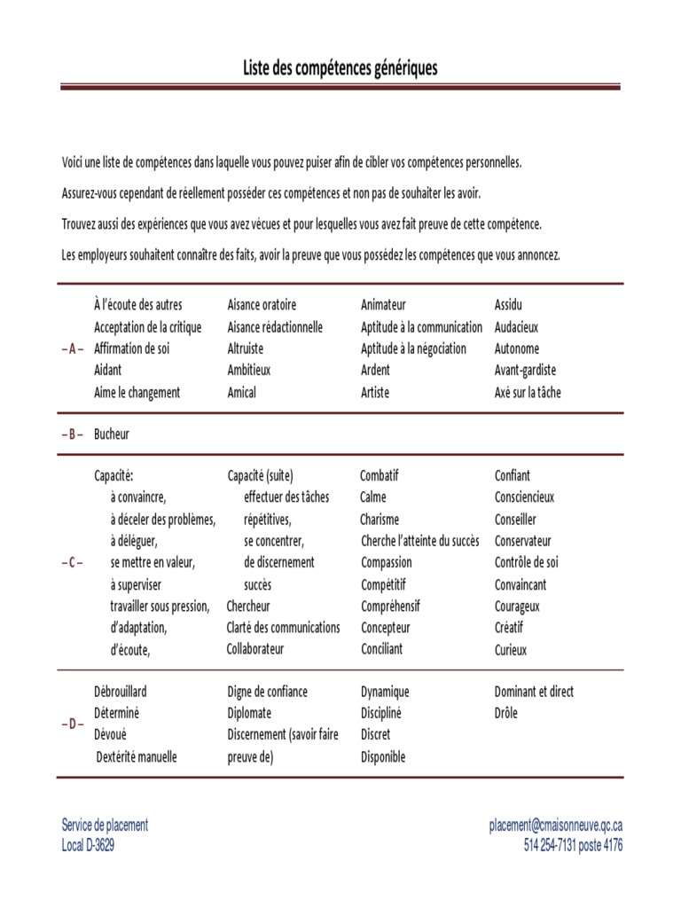 liste des competences generique