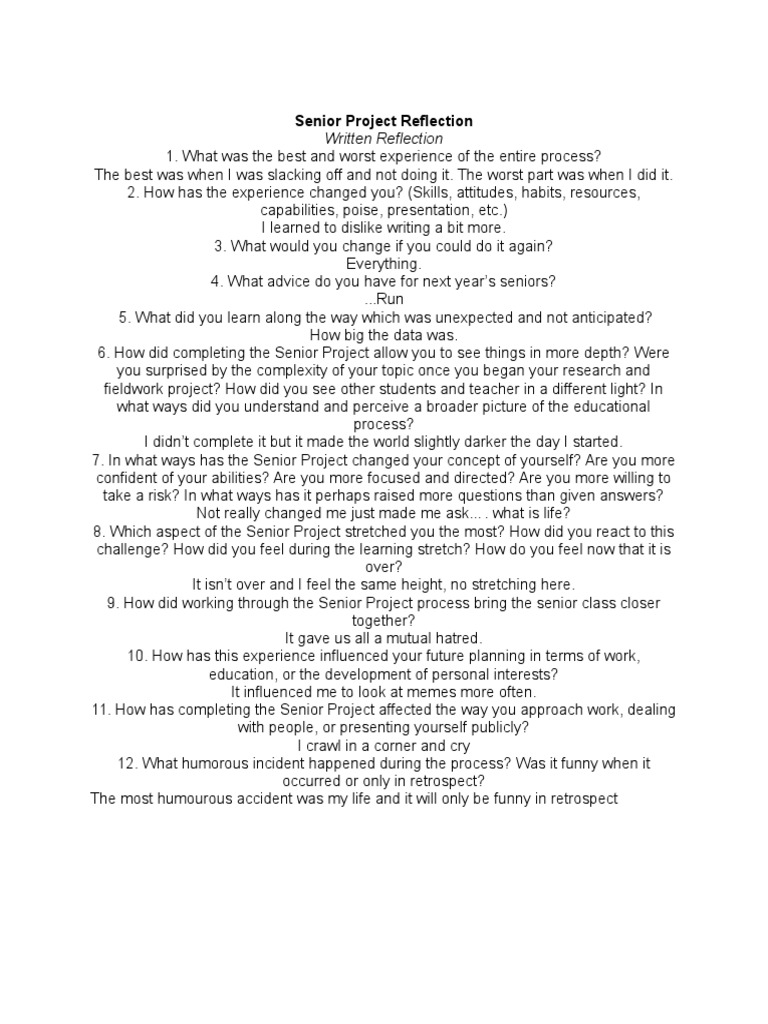 Seniorprojectreflection | PDF | Self-Improvement