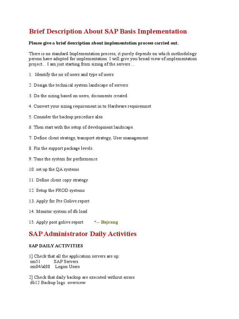 Brief Description About SAP Basis Implementation | PDF | Backup | Databases