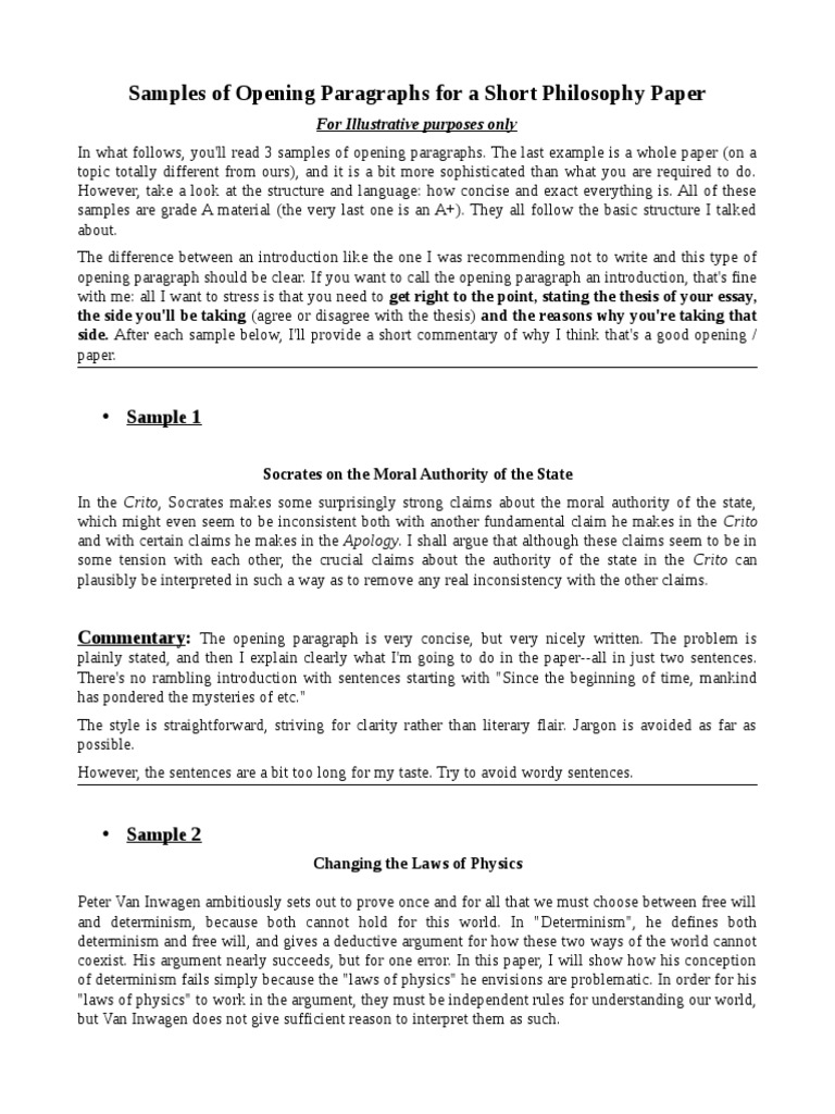 Philosophy Paper Opening Paragraph Samples | PDF | Free Will | Determinism