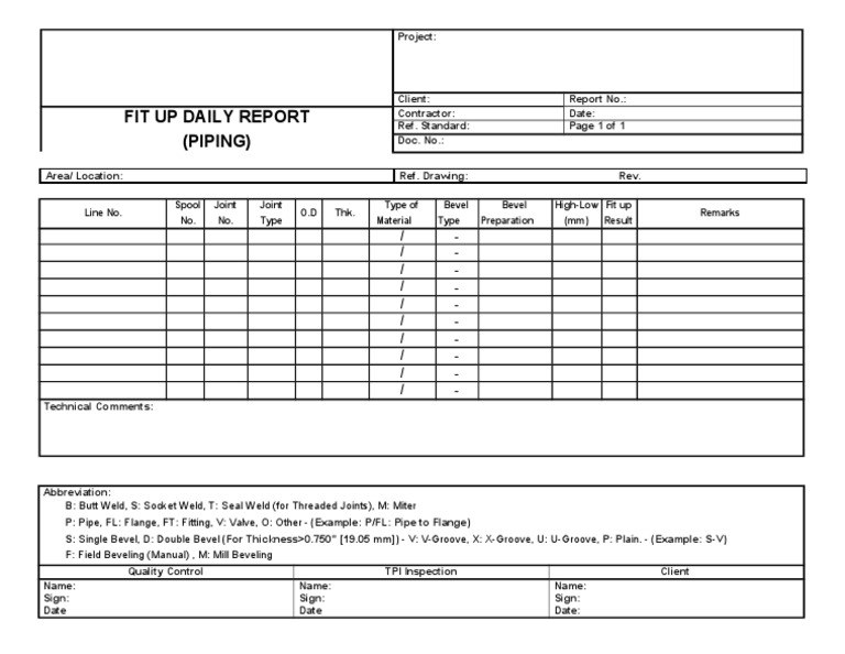 Piping Daily Fit Up Quality Control and Inspection Report Form | PDF ...