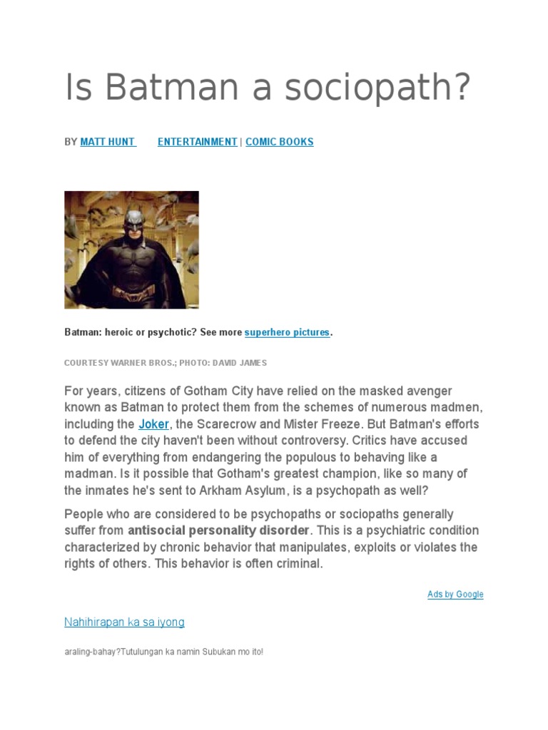 Is Batman A Sociopath PDF Batman Antisocial Personality Disorder
