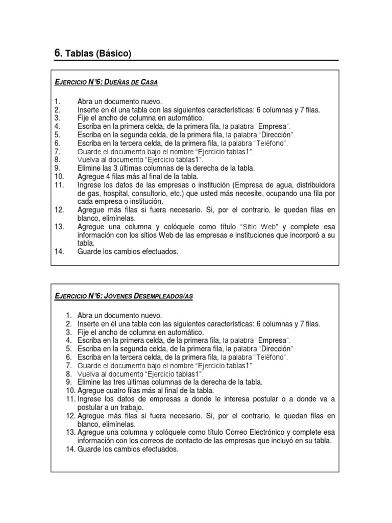 Ejercicios de Tablas en Word PDF Tabla (base de datos) Correo