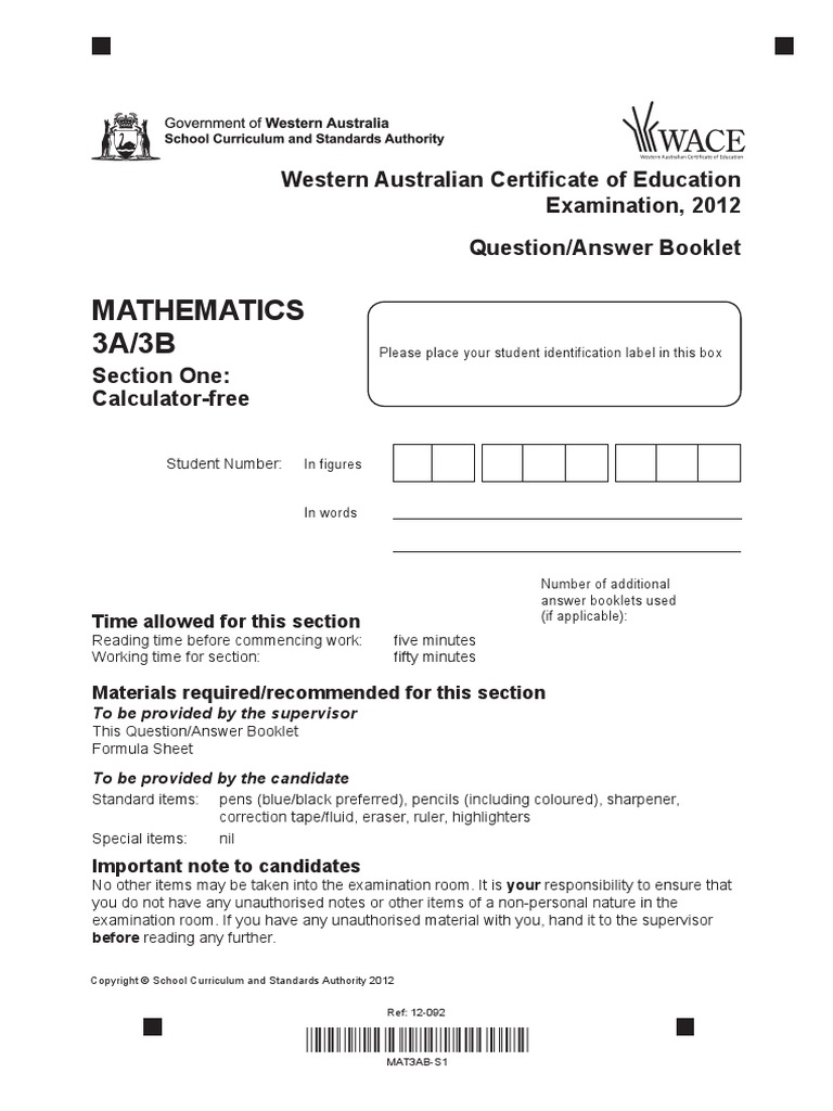 Mathematics Stage 3A 3B Calc Free 2012 | PDF | Test (Assessment) | Sequence