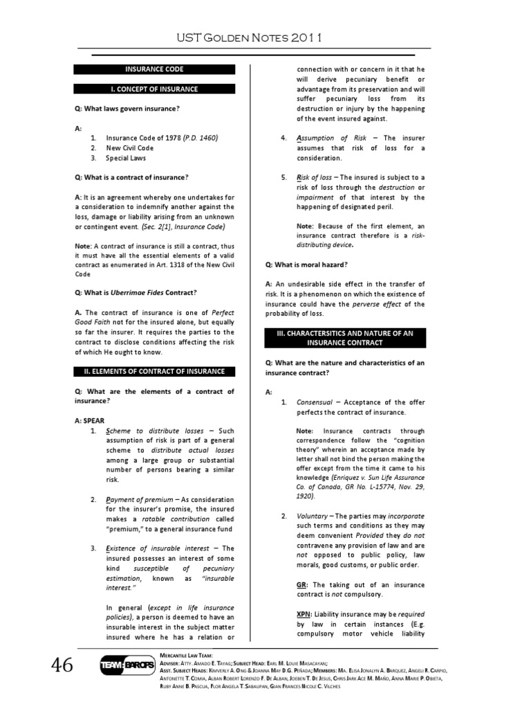 UST Golden Notes - Insurance | PDF | Politics | Law