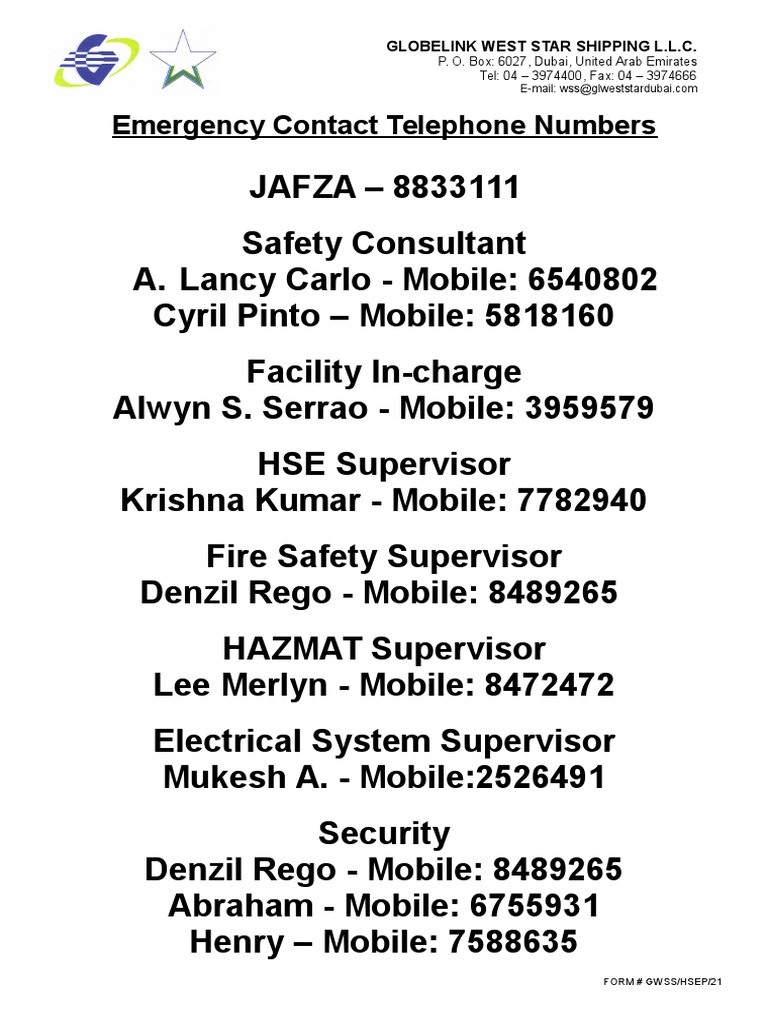 Emergency Contacts for Globelink Shipping | PDF | Business | Social Science