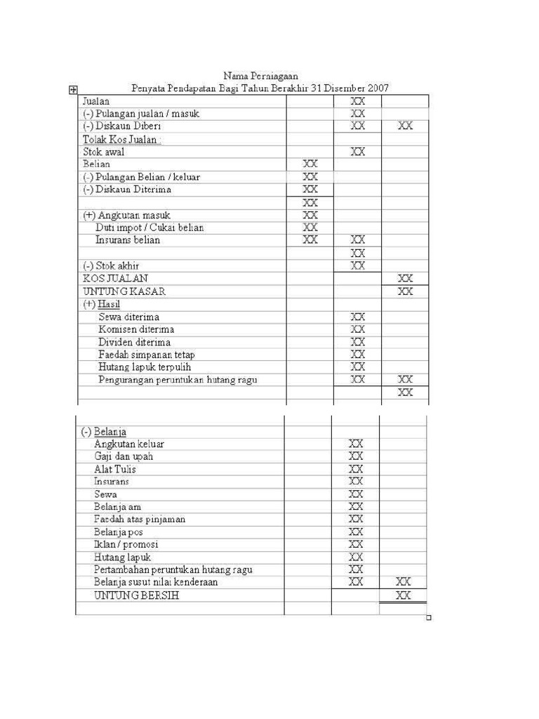 Format Penyata Pendapatan Dan Kunci Kira Kira Pdf