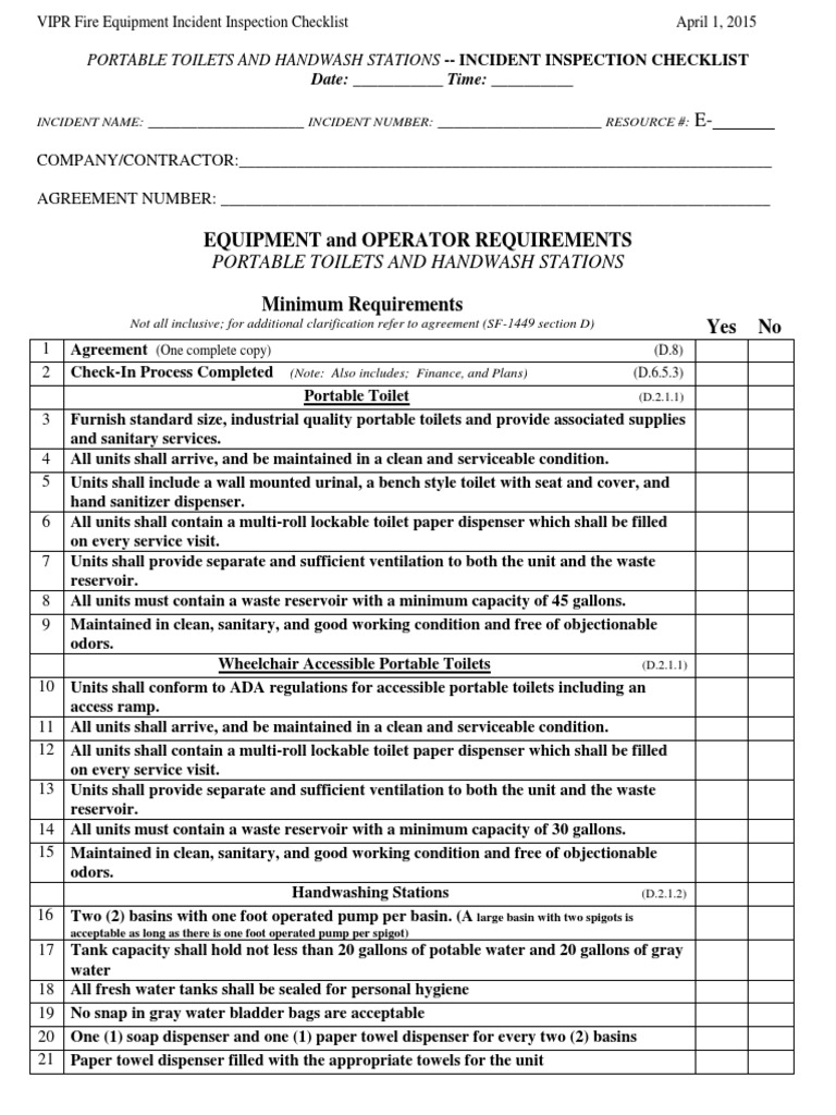 Portable Toilet Inspection Checklist | PDF | Toilet | Hydraulic Engineering