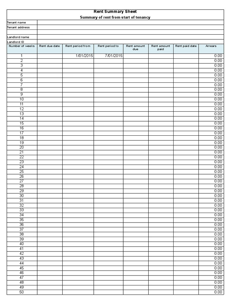 Rent Summary Sheet Leasehold Estate Landlord