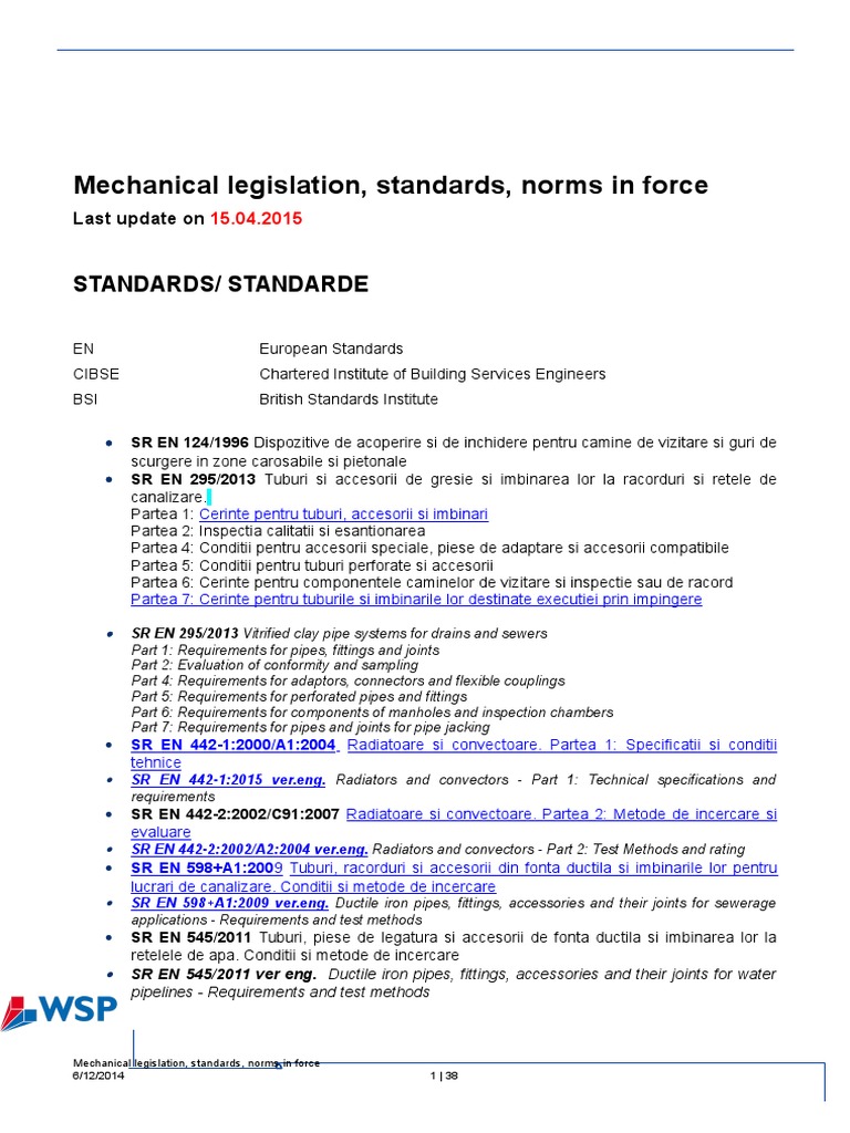 Mechanical & Electrical Legislation, Standards, Norms in Force-Draft ...