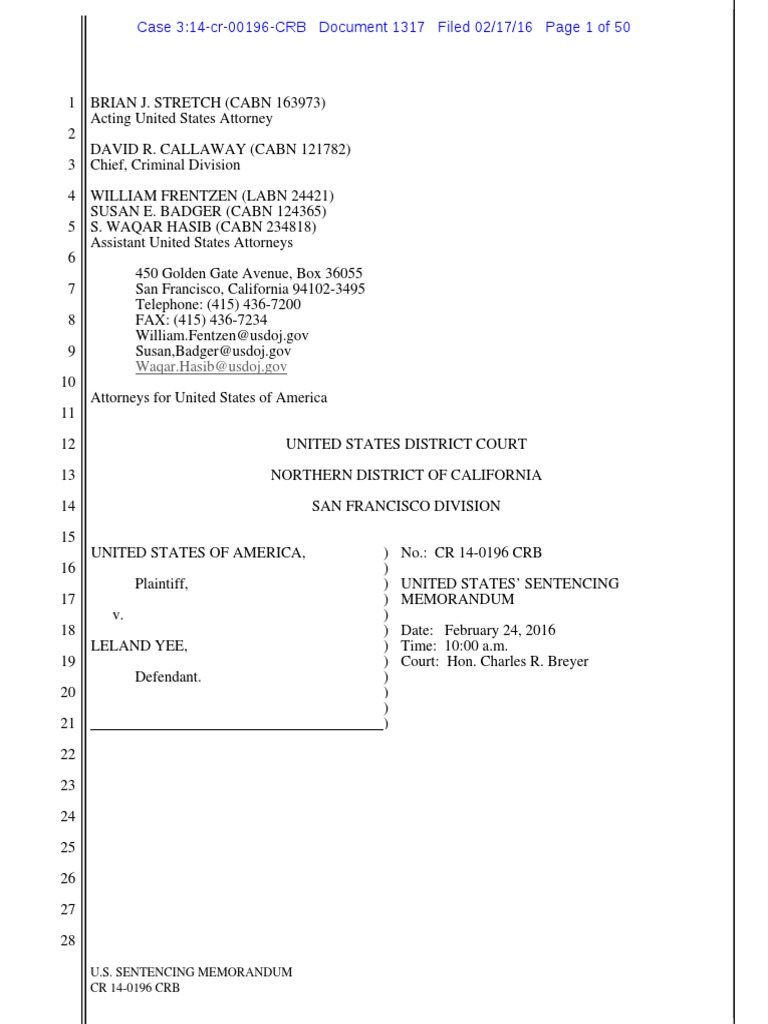 USA v. Yee Prosecutors' Sentencing Memo United States Federal