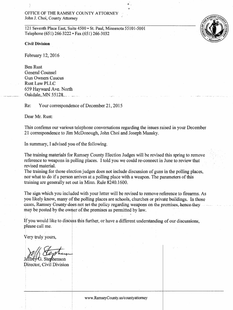 Letter From Ramsey County Attorney To MN Gun Owners Caucus Re Election