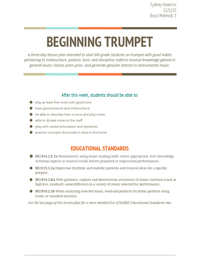 Beginner Trumpet Lesson Plan | PDF | Trumpet | Musicology