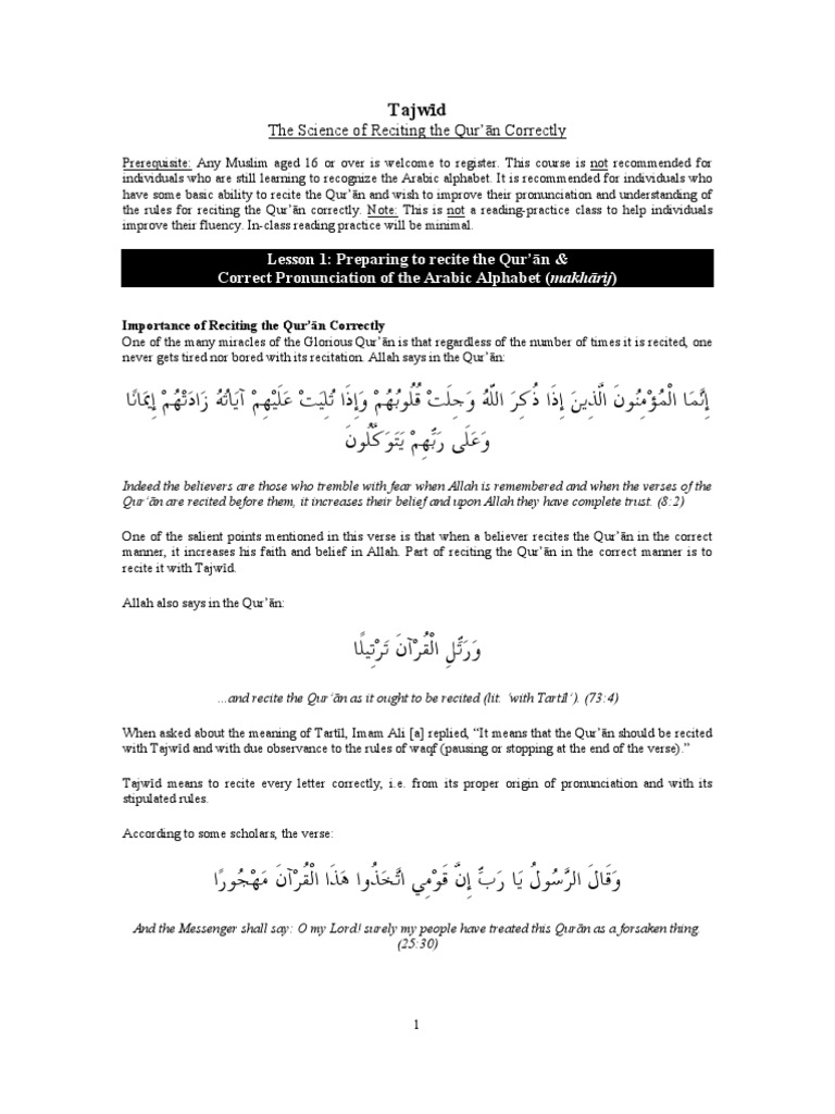 Tajwid Lessons 1 - 8 Complete-Notes | PDF | Quran | Islam