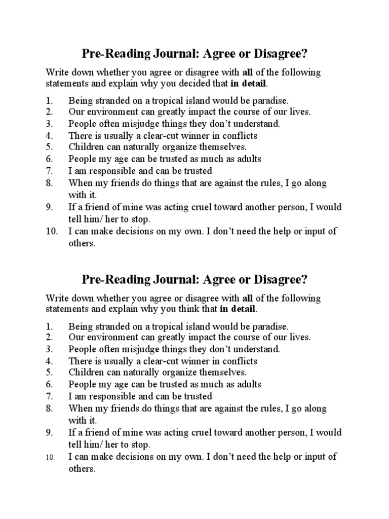 Pre-Reading Journal: Agree or Disagree? | PDF | Lifestyle