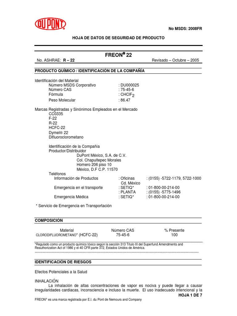Msds Gas Refrigerante r22 Dupont