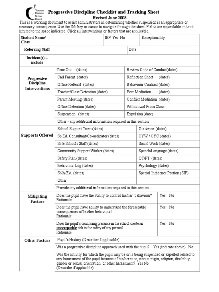 TDSB Progressive Discipline Checklist Combined 2008 Final | PDF ...