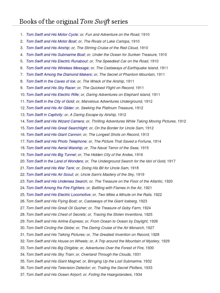Original Tom Swift Series Titles | PDF | Tom Swift | Unrest