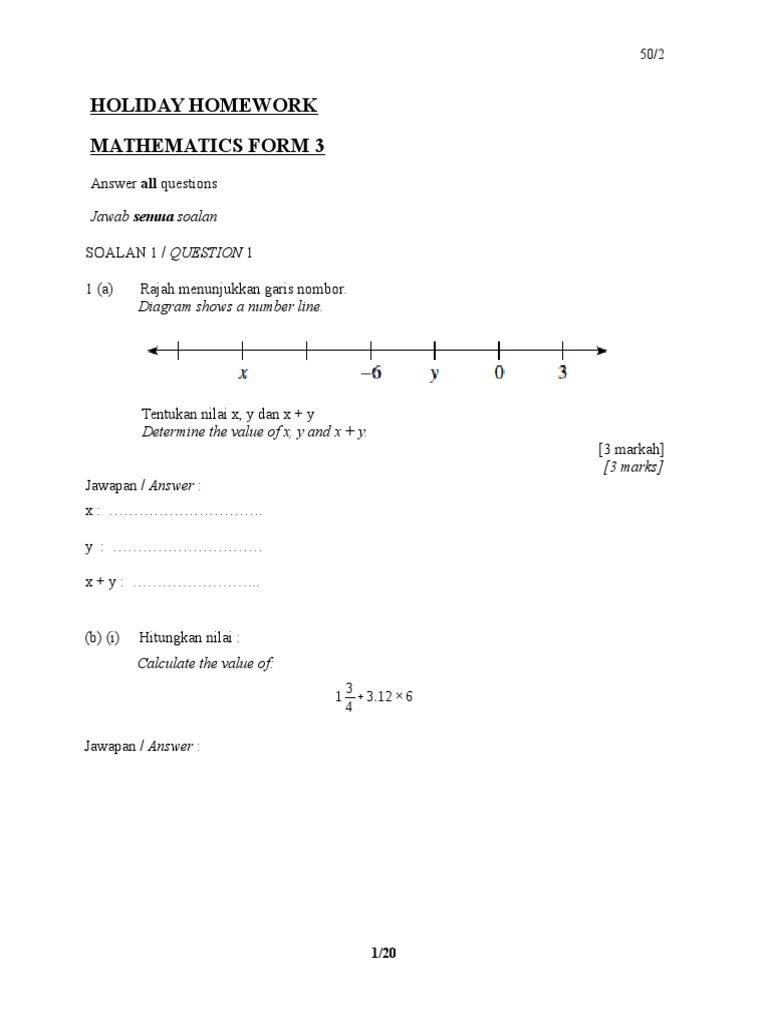 Form 3 Holiday Mathematics Homework | PDF