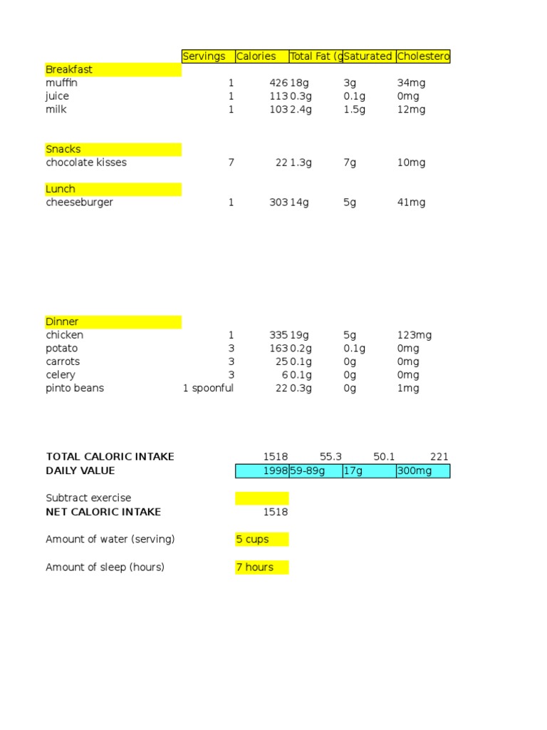 Daily Caloric Intake and Nutrition Summary | PDF | Cooking, Food & Wine