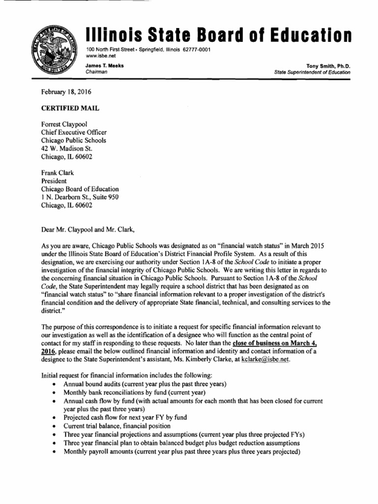 Illinois State Board of Education Letter to CPS Illinois Economies