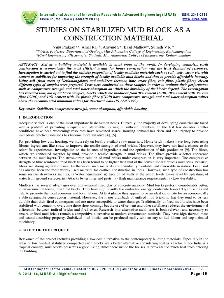 Studies On Stabilized Mud Block As A Construction Material Brick Mud