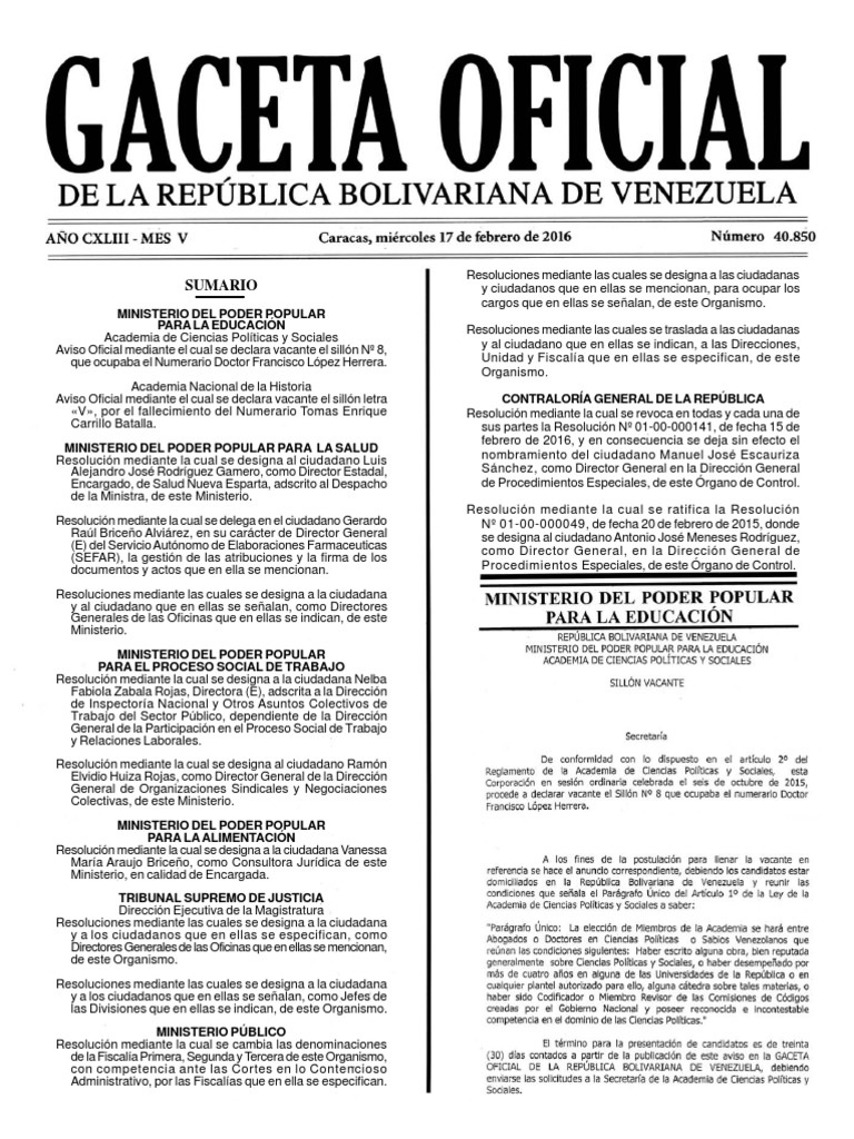 Gaceta Oficial Número 40.850 de la República de Venezuela, 17 de