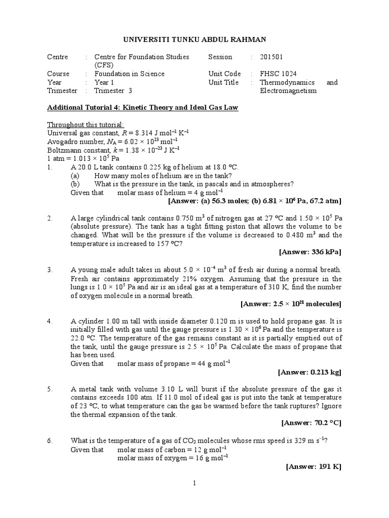 Additional Tutorial 4 Kinetic Theory and Ideal Gas Law | PDF | Gases ...
