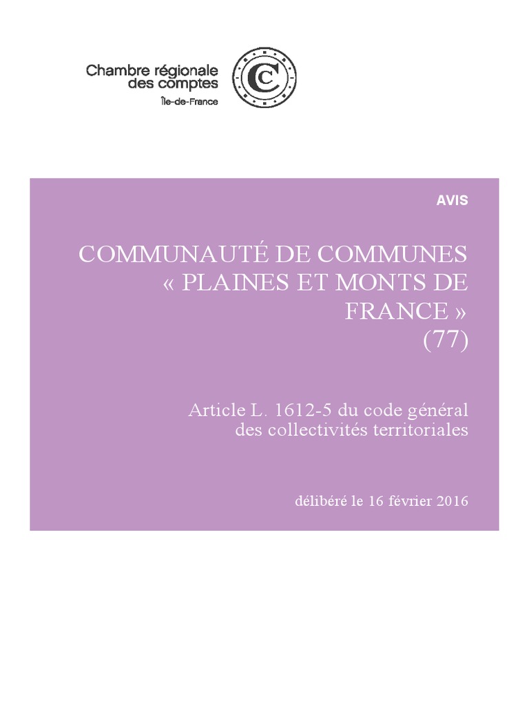 Communauté de Communes Plaines Et Monts de France Article L. 16125 Du Code Général Des