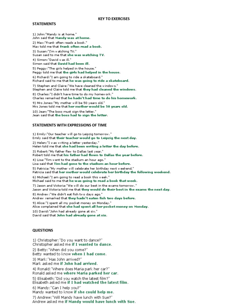 Reported Speech-key to Exercises | Leisure