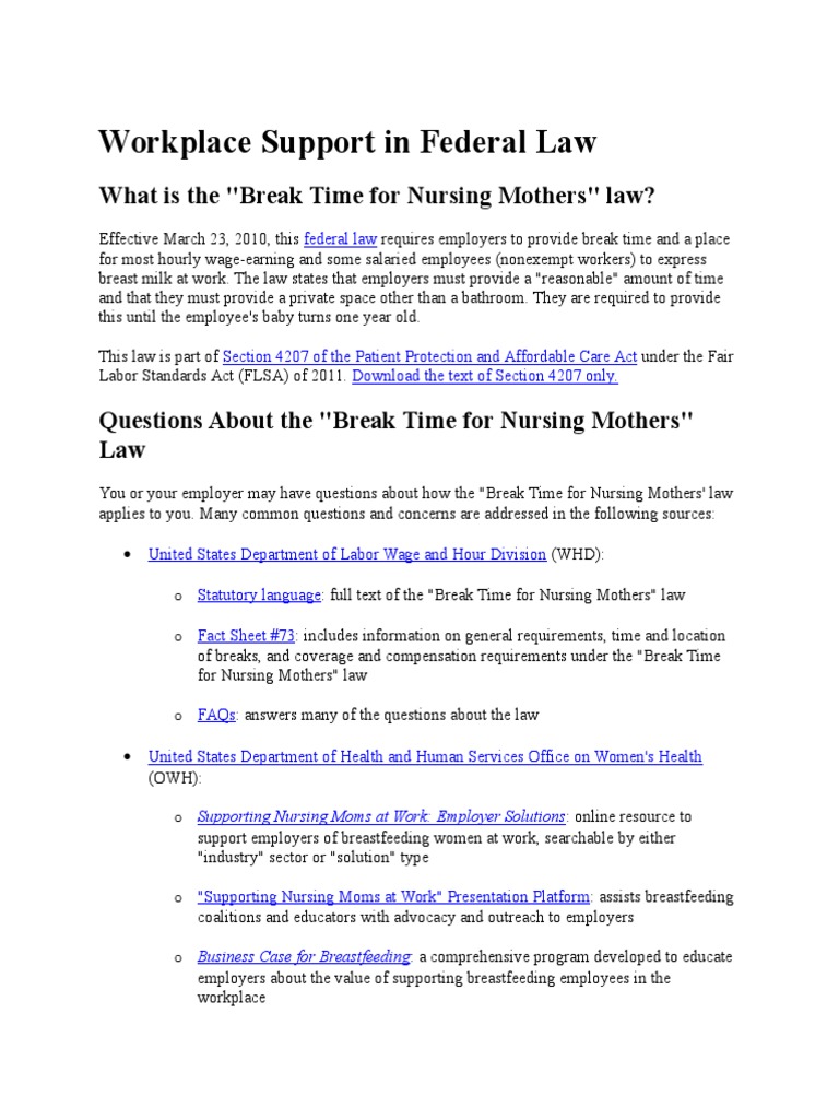 Workplace Support in Federal Law PDF Breastfeeding Employment
