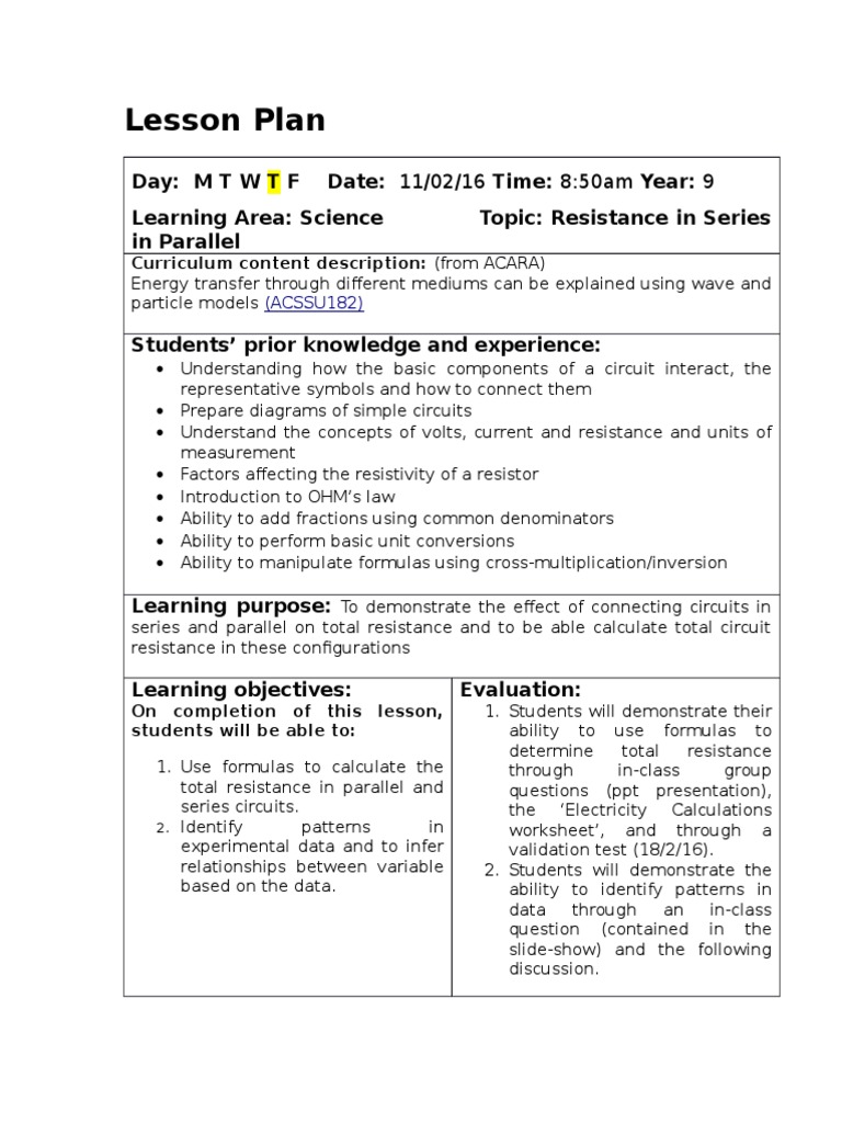 lesson plan 2 resistance in series and parallel Series And Parallel