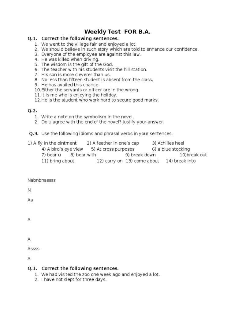 Weekly B.A. Test: Grammar & Analysis | PDF