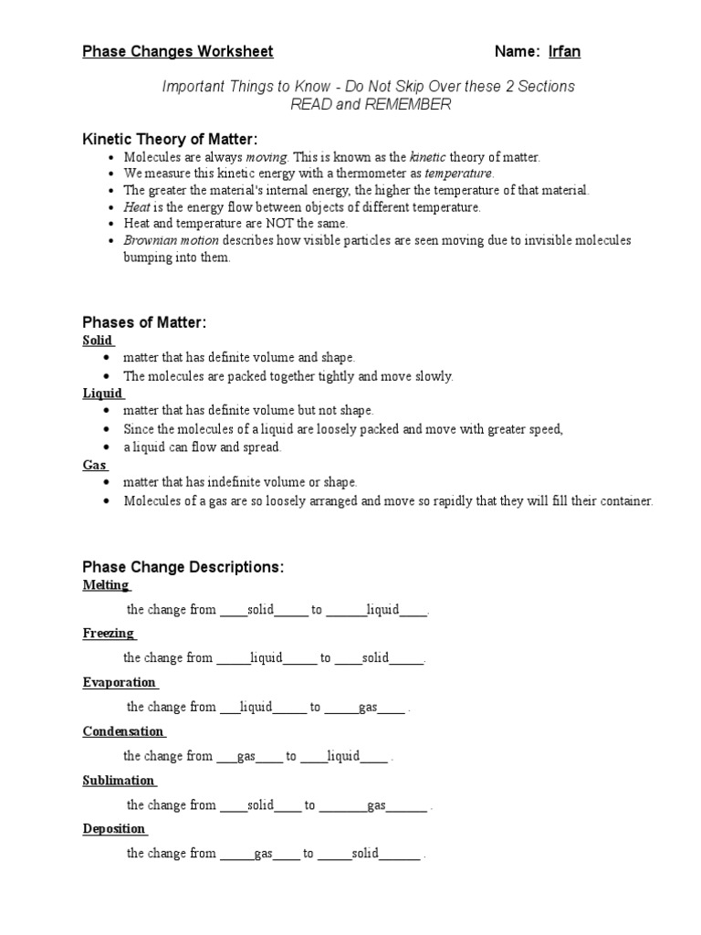 worksheet Kinetic Energy Worksheet phase changes worksheet matter latent heat
