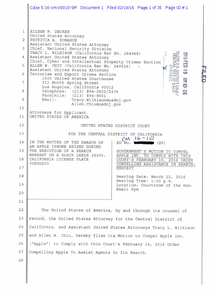 DOJ Motion To Compel Apple To Comply With 2/16 Order | PDF