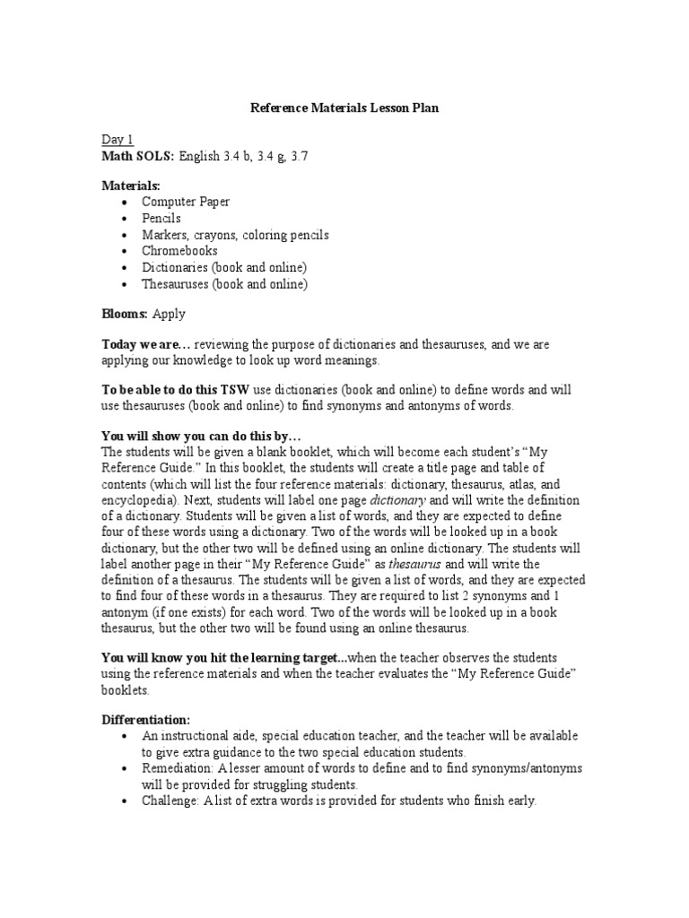 reference materials lesson plan Encyclopedias Dictionary