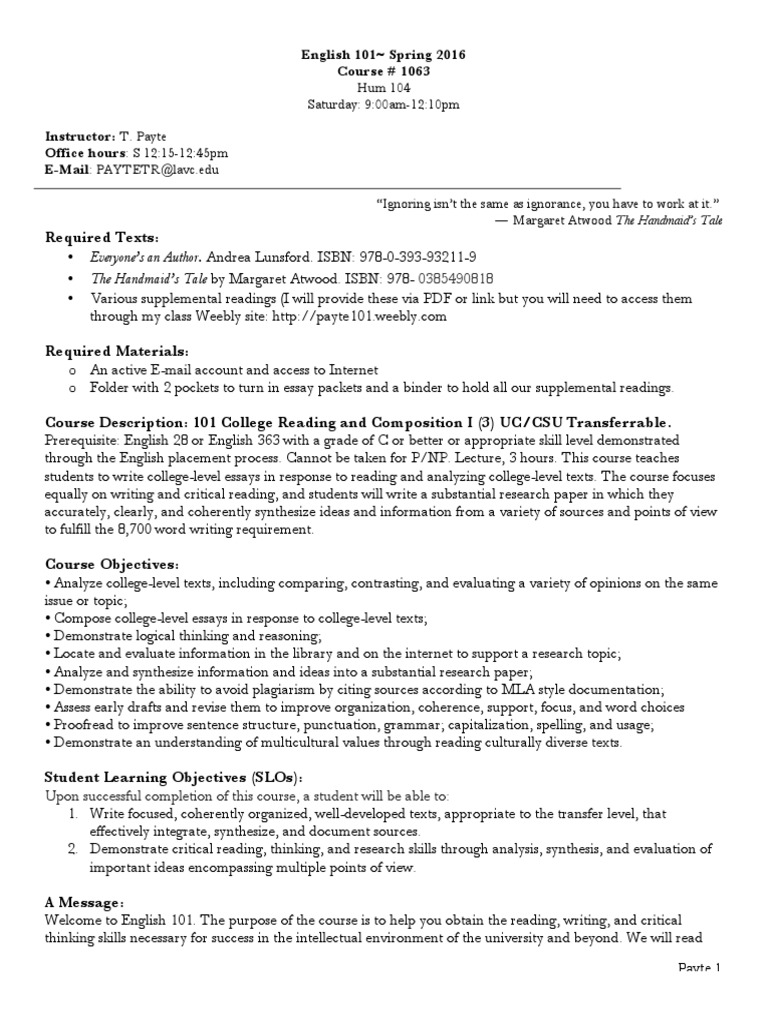 English 101 Syllabus - Spring 2016 Lavc | PDF | Homework | Plagiarism
