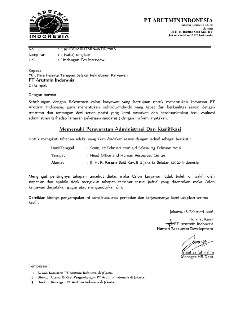 Surat Undangan Tes Seleksi Rekrutmen Pt Arutmin Indonesia