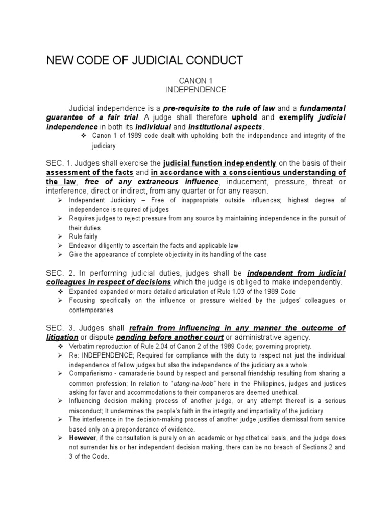 New Code of Judicial Conduct Notes PDF Judiciaries Judicial